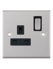 Satin Chrome Black Insert Single 1 Gang Switched Socket 13A