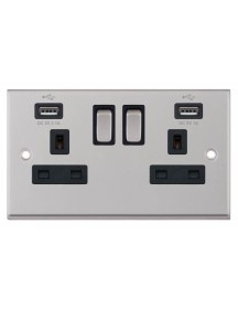 Satin Chrome & Black Insert 2 Gang Switched Socket 13A With 2x USB Ports
