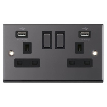 Black Nickel & Black Insert 2 Gang Switched Socket 13A With 2x USB Ports