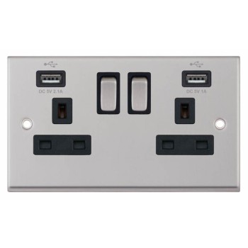 Satin Chrome & Black Insert 2 Gang Switched Socket 13A With 2x USB Ports