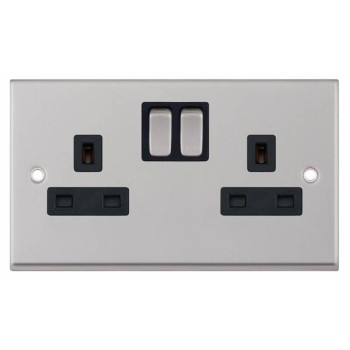 Satin Chrome & Black Insert Double 2 Gang Switched Socket 13A