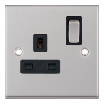 Satin Chrome Black Insert Single 1 Gang Switched Socket 13A