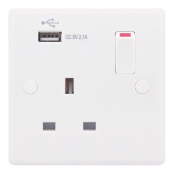 Smooth White 1 Gang 13A Switched Socket with USB Outlet