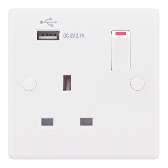 Smooth White 1 Gang 13A Switched Socket with USB Outlet