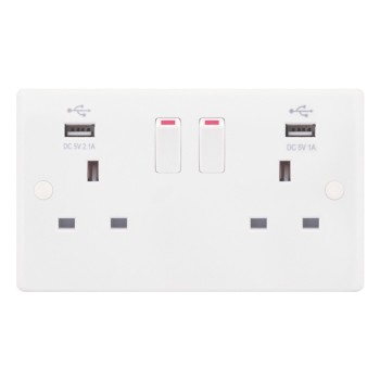 Smooth White 2 Gang 13A Switched Socket with USB Outlet