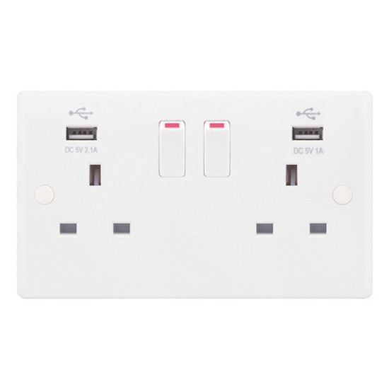 Smooth White 2 Gang 13A Switched Socket with USB Outlet