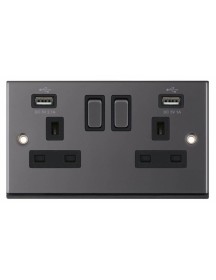 Black Nickel & Black Insert 2 Gang Switched Socket 13A With 2x USB Ports