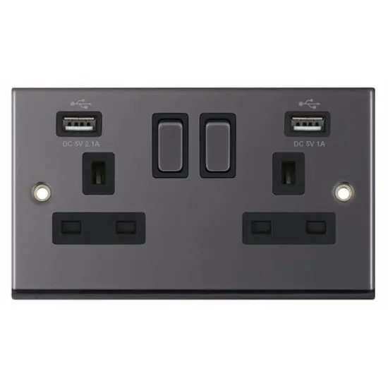 Black Nickel & Black Insert 2 Gang Switched Socket 13A With 2x USB Ports