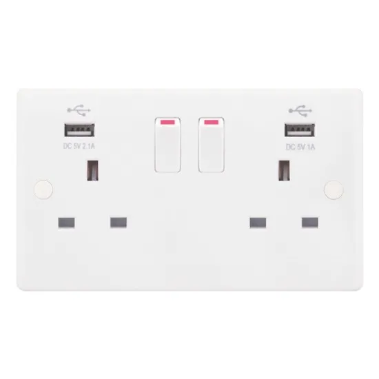 Smooth White 2 Gang 13A Switched Socket with USB Outlet