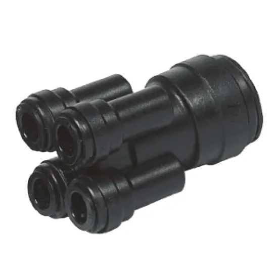 Plastic 4-way central heating manifold with 22mm inlet and four 10mm microbore outlets